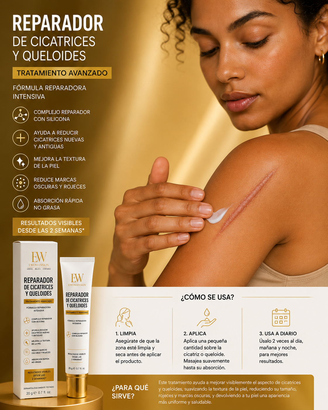 Crema Reparadora de Cicatrices y Queloides – Piel Más Lisa, Uniforme y Renovada